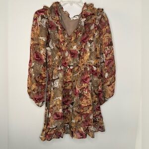 Women’s Asymmetrical Floral Mini Dress in Burgundy & Mustard
